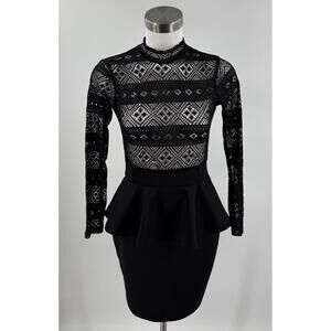Windsor Black Long Sleeve Lace‎ Peplum Waist Keyhole Back Style Dress Small